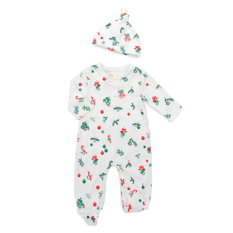 JIngle bells christmas pajamas footed onesie matching baby hat  red and green 