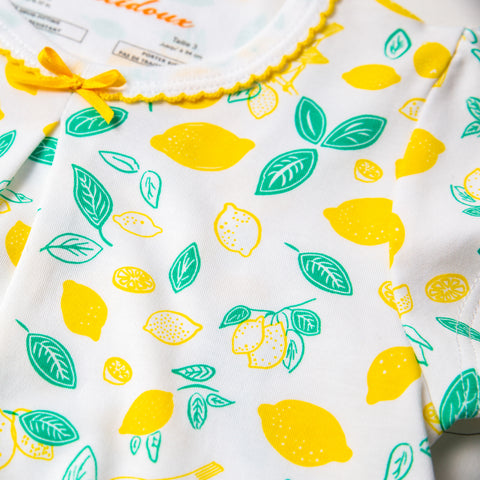 Sicilian Lemon print girls short sleeve summer set bow short sleeve pima cotton citrus colorful lemonade Petidoux