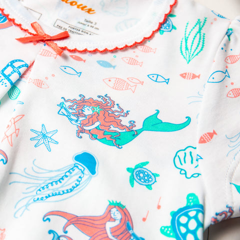 Mermaids Symphony, Pink and blue mermaids and fish,  short summer pajamas, Summer set, 100% Peruvian Pima cotton, sustainable fashion, living coral, pantone color of the year 2019, girls, bows, summer set