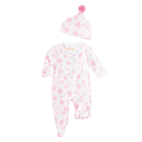 Pink flurries snowflakes pajamas baby onesie hat gift winter holiday Christmas Petidoux