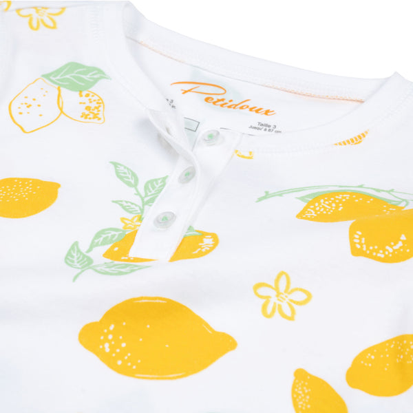 Amalfi lemons pajamas set henley tp matching pants Petidoux soft peruvian Pima cotton close up 