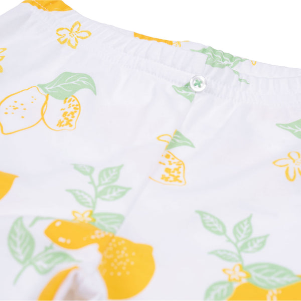 Amalfi lemons pajamas set henley tp matching pants Petidoux soft peruvian Pima cotton close up 