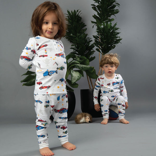 boy and girl car pajamas vintage racecars Petidoux 