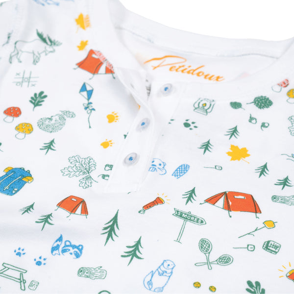 Summer hiking and camping boy and girl long sleeve pajamas henley top petidoux 100% Peruvian Pima cotton clos-up 