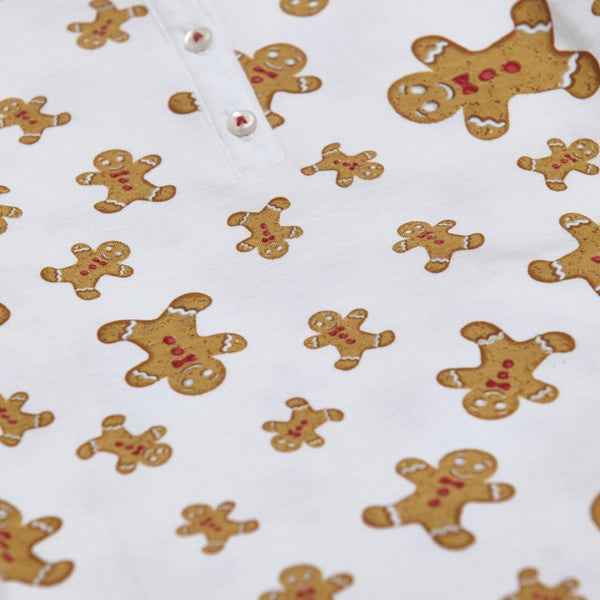 Gingerbread Men print childrens long sleeve holiday pajama set cute great soft happy family boys girls unisex gender neurtal close-up details Petidoux