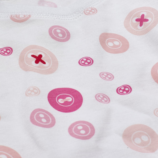 Pink buttons pajamas pjs girls toddler children kids soft long sleeves best cute cutest details close-up Petidoux