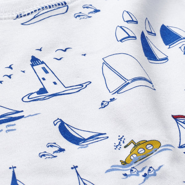 Sailboat sailing boys girls submarine sea ocean print boys long sleeve pjs pajamas soft cute best favorite wind lighthouse close-up details Petidoux