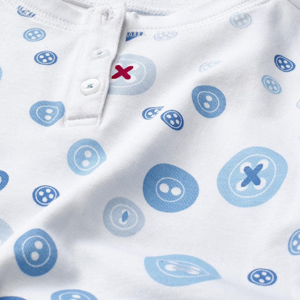 blue button print childrens long sleeve pajamas soft pjs no-chemical chemical-free kids boys details close-up Petidoux