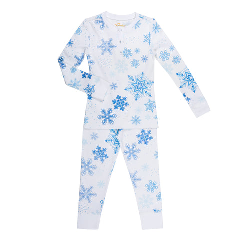 Blue snowflake print long sleeve pajama set