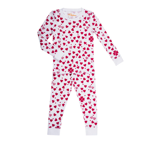 pink red heart print girls long sleeve pajama set