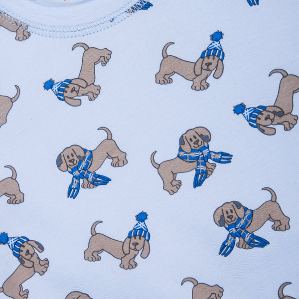 Blue puppy print boys winter pajama set puppies scarf hat winter long sleeves gift present cute best cutest close-up details Petidoux