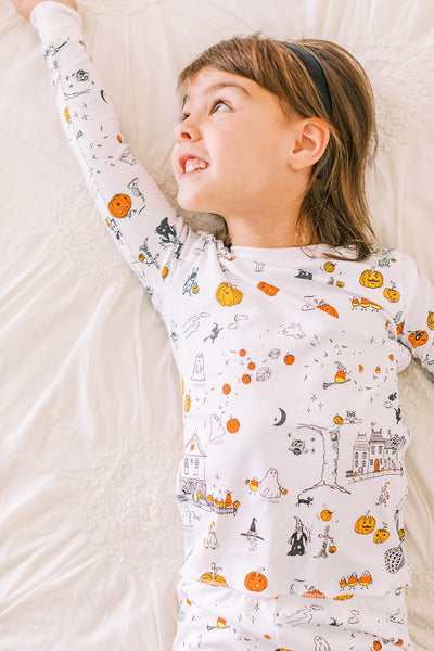 Halloween pajamas pumpkins pjs ghosts witches magic black cat candy corn 100% Pima cotton happy toddler Petidoux
