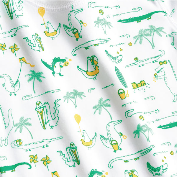 Alligators on Holiday Palm trees Miami  fun sunny Summer pajamas Petidoux  close-up 