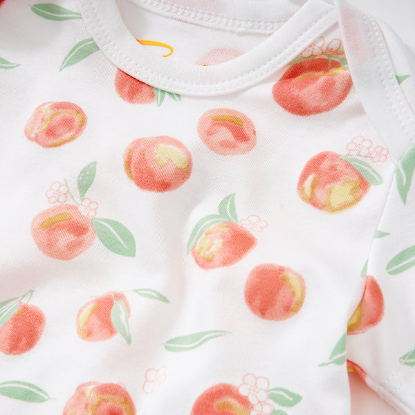 Summer peaches short sleeve fruit colorful best soft quality fave favorite cute nice peaches baby romper petidoux close-up details