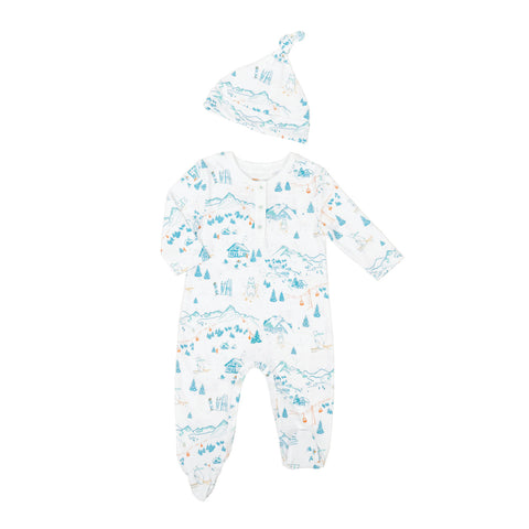 Onesie and hat baby chalet trees skii bear winter pjs pajamas long sleeves Petidoux 