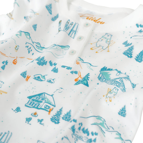 Onesie and hat baby chalet trees skii bear winter pjs pajamas long sleeves close-up Petidoux  