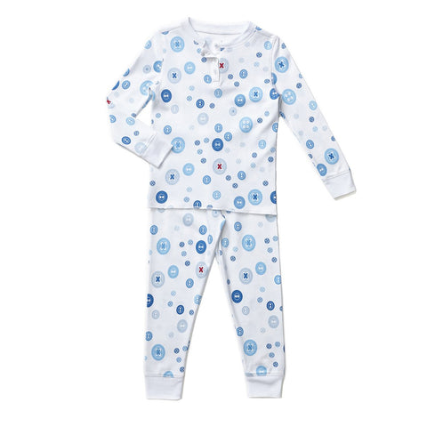 blue button print childrens long sleeve pajamas soft pjs no-chemical chemical-free Petidoux