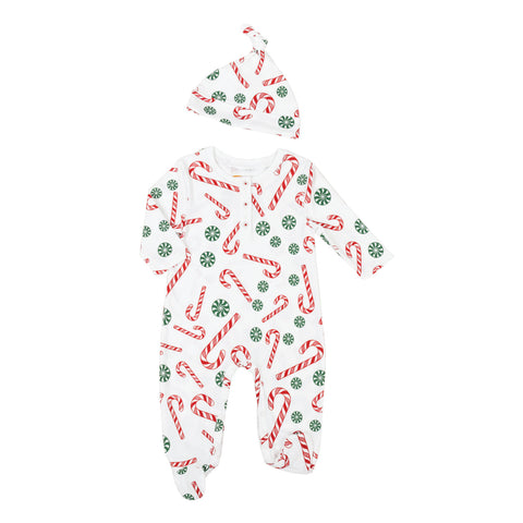 Candy Canes red green Christmas winter pajamas jammies onesie matching knotted hat pajamas Petidoux 