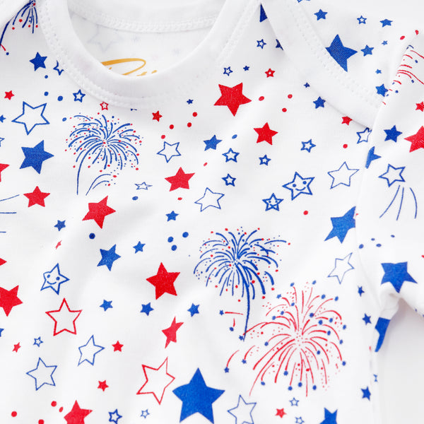 Cute celebration stars best 4th of July fireworks romper baby boy girl unisex happy soft independence day close-up Pjs Pajamas Petidoux