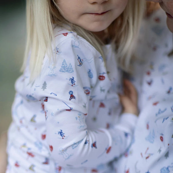 Softest pajamas ski resort print for the whole family. Matching Christmas pajamas pjs vacation skiing snow boots girl hug warm gift favorite Petidoux