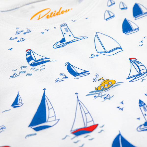 Sailboat sailing boys girls submarine sea ocean print boys short sleeve pjs pajamas soft cute best favorite wind lighthouse Summer details close-up Petidoux