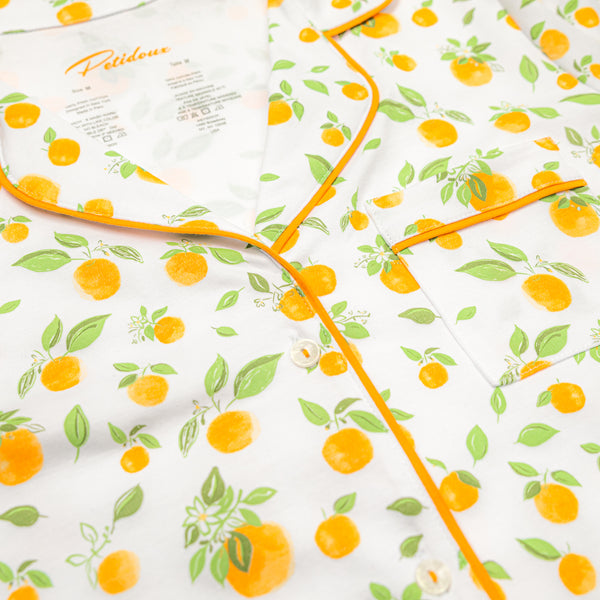 Orange blossoms women pajamas pjs family match cute gift present Mother's Day italy Sicily short sleeves soft no-chemical favorite cute cutest best summer short close-up details Petidoux