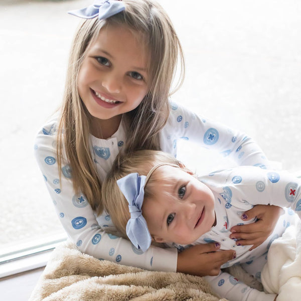 blue button print childrens long sleeve pajamas soft pjs no-chemical chemical-free girls Petidoux