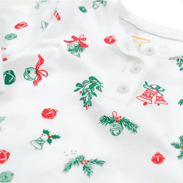 JIngle Bells Christmas pajamas baby onesie with hat soft cute gift print detail close-up Petidoux 