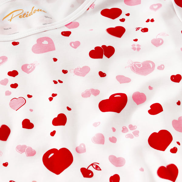 Valentine day woman girl love hearts jammies pjs pajamas long sleeve valentine Petidoux heart pajamas Emily in Paris close-up 
