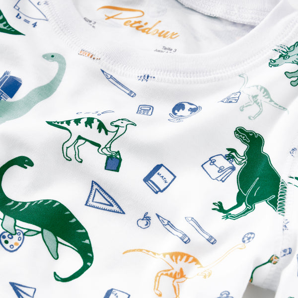 Dinos dinosaurs school books pens boys boy t-rex pajamas pjs soft cotton long sleeves detail prehistoric close-up Petidoux 