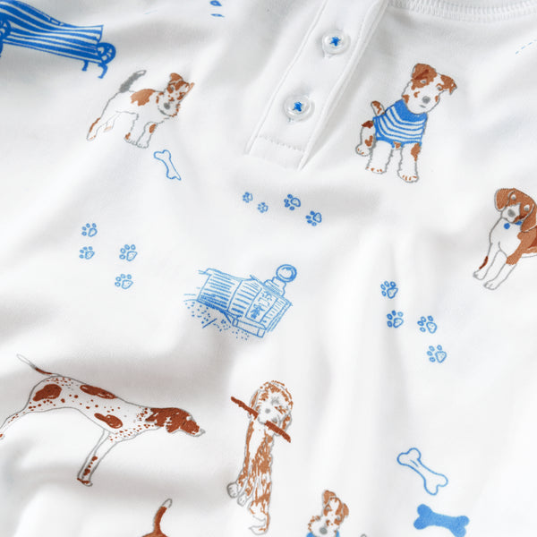Blue pawprints in the park dogs bench park trees pajamas pjs balloons close-up Petidoux