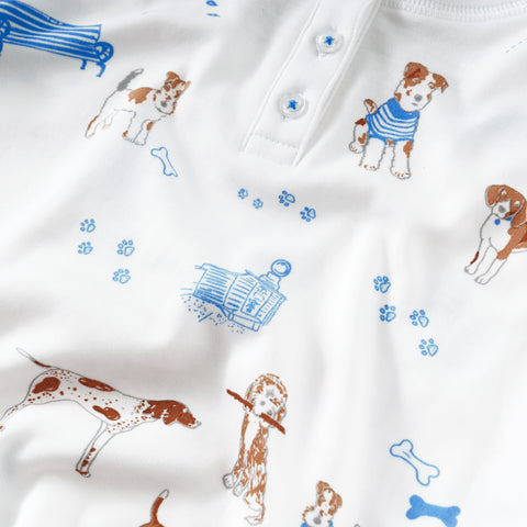 Blue pawprints in the park dogs bench park trees pajamas pjs balloons Petidoux