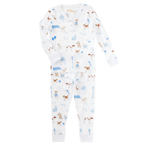 Blue pawprints in the park dogs bench park trees pajamas pjs balloons Petidoux