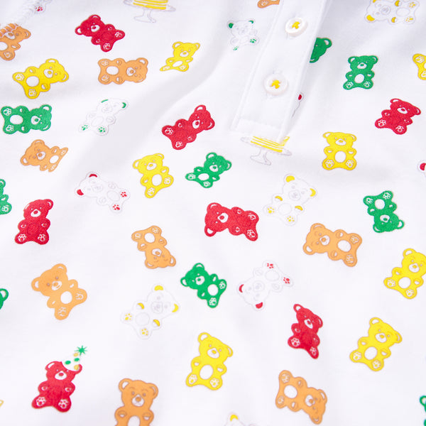 Gummy bear pajamas pjs boys girls cotton chemical-free cute candies colorful party long-sleeves detail close-up Petidoux