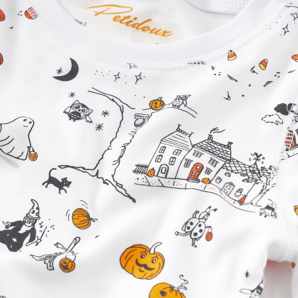 Halloween pajamas pumpkins pjs ghosts witches magic black cat candy corn 100% Pima house ghost cotton close-up details Petidoux