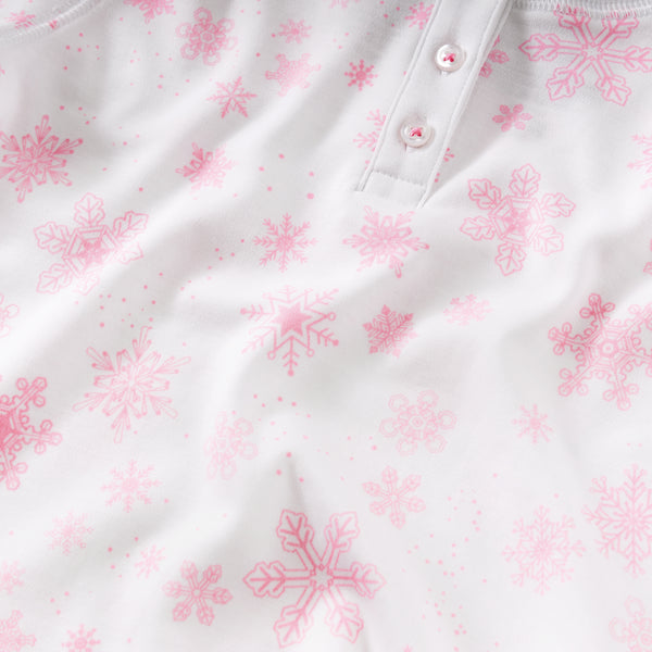 Pink flurries snowflakes pajamas toddler pajamas pjs gift winter holiday Christmas close-up details Petidoux