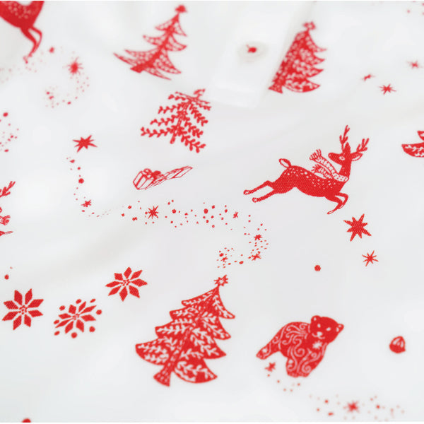 Welcome to the North Pole christmas Nordic traditional winter pajamas Petidoux red  toddler boys girls reindeers snow snowflakes lovely cute best quality favorite close-up details