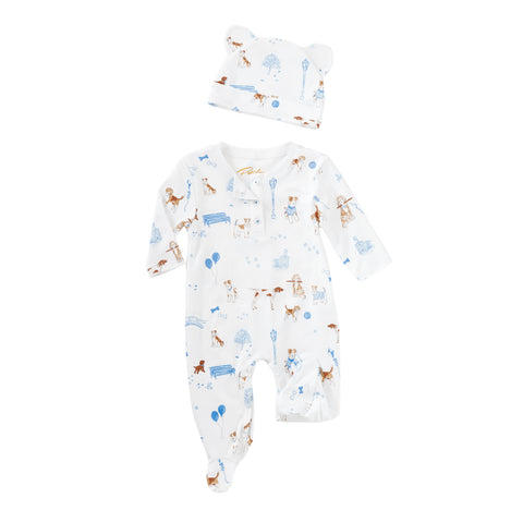 Blue pawprints in the park dogs bench park trees onesie with hat baby Petidoux