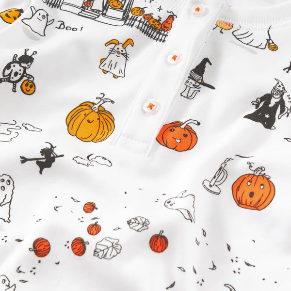 Halloween pajamas pumpkins baby onesie matching knotted hat  ghosts witches magic black cat candy corn Pima cotton  Petidoux close-up