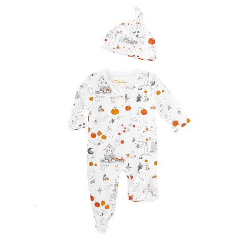 Halloween pajamas pumpkins baby onesie matching knotted hat  ghosts witches magic black cat candy corn Pima cotton  Petidoux 