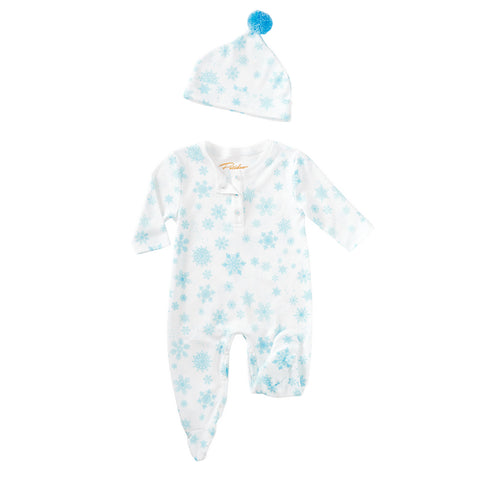 Blue flurries onesie with hat snowflakes baby winter