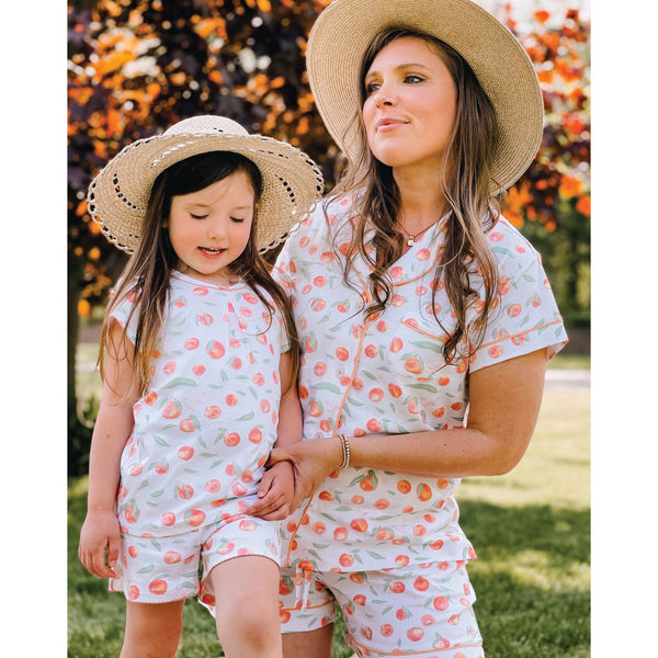 Summer peaches short sleeve fruit colorful best soft quality fave favorite cute nice peaches woman mom gift family set sweet loungewear petidoux two piece daughter mom