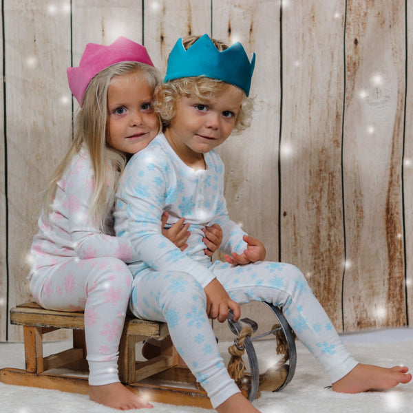Pink and blue flurries boy and girl snowflakes pajamas baby onesie hat gift winter holiday Christmas Petidoux