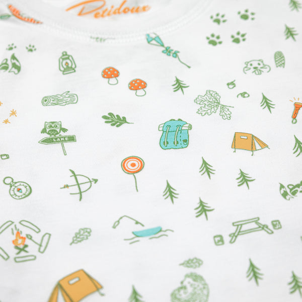 Camping tents camp fire picnic backpack short sleeves Summer pajamas cute soft best great boy campers happy moments girl close-up Petidoux 