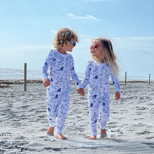 Regatta boys girls pjs pajamas cute summer sailing gift present water ocean sea blue favorite cute cutest soft chemical-free beach siblings Petidoux