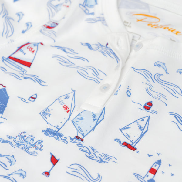 Regatta boys girls pjs pajamas cute summer sailing gift present water ocean sea blue favorite cute cutest soft chemical-free close-up details Petidoux