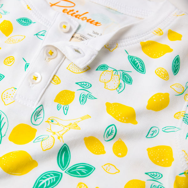 Sicilian Lemon print girls long sleeve pajamas pjs summer spring fruits citrus long sleeves lemonade gift favorite best cute colorful close-up details Petidoux