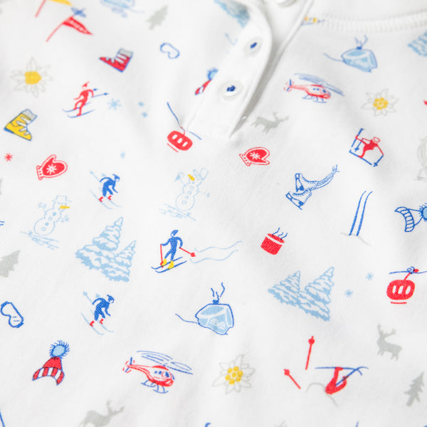 Softest pajamas ski resort print for the whole family. Matching Christmas pajamas pjs vacation skiing snow boots close-up details Petidoux