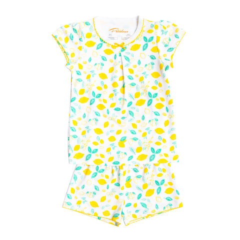 Sicilian Lemon print girls short sleeve summer set bow short sleeve pima cotton citrus colorful lemonade Petidoux