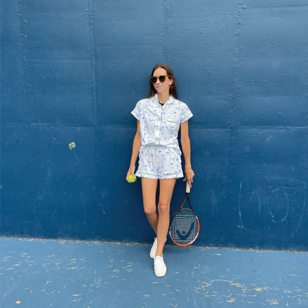 Tennis woman pajamas wimbledon roland garros set tennis racquets tennis balls classic set piping detail Petidoux 